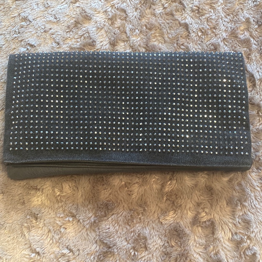 Grey studded faux leather and canvas bag with chain